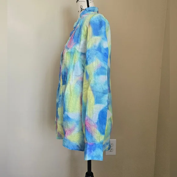 120 Lino Pintuck Linen Shirt Womens 42/S Colorful Pastel Long Sleeve